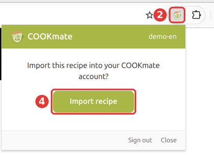 COOKmate window with the Import recipe button highlighted