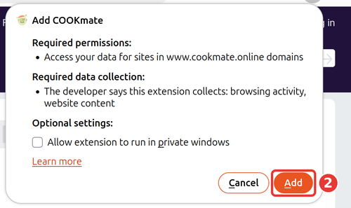 Add COOKmate window with the Add button highlighted