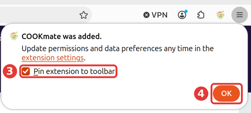 COOKmate was added window with Pin extension to toolbar and OK highlighted
