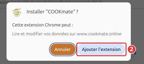 Fenêtre Installer « COOKmate » ?, bouton Ajouter l'extension encadré