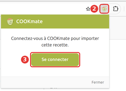 Fenêtre COOKmate, bouton Se connecter encadré