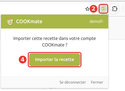 Fenêtre COOKmate, bouton Importer la recette encadré