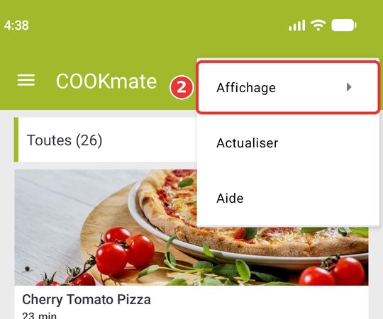 Menu Plus d'options avec Affichage encadré