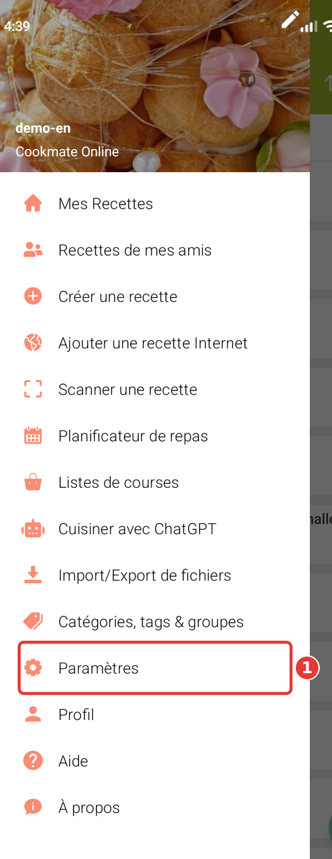 Menu de navigation avec Paramètres encadré