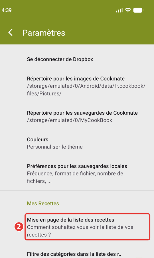 Paramètres avec Mise en page de la liste des recettes encadré