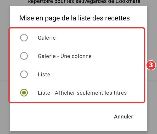 Fenêtre Mise en page de la liste des recettes
