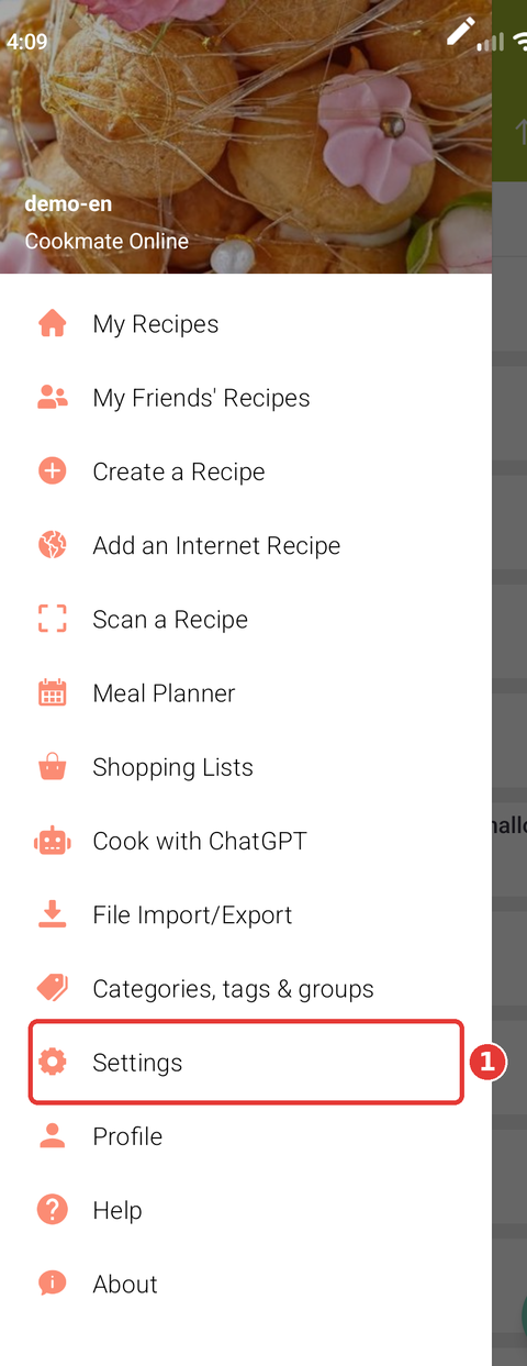 Navigation menu with Settings highlighted