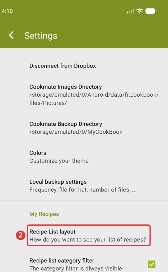 Settings with Recipe List layout highlighted