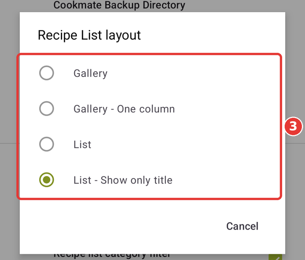 Recipe List layout dialog
